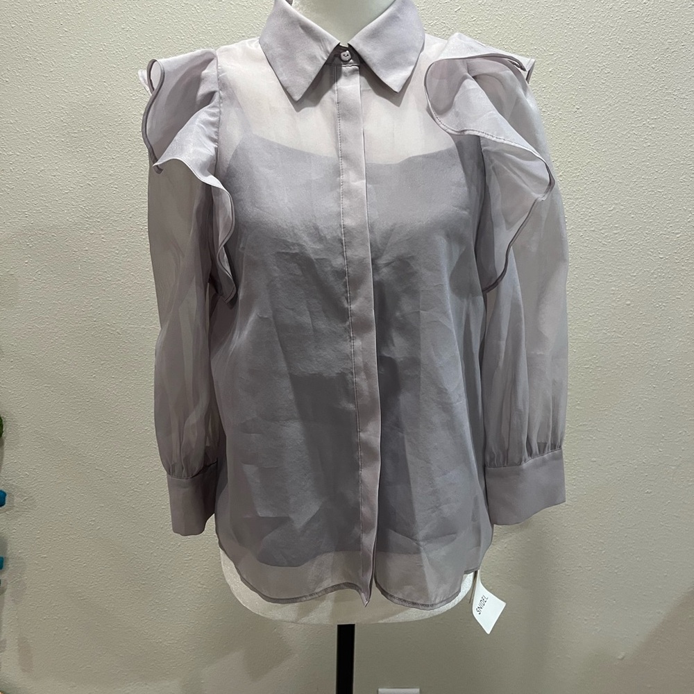 Chic Mauve Grey Sheer Blouse with Ruffled Sleeves